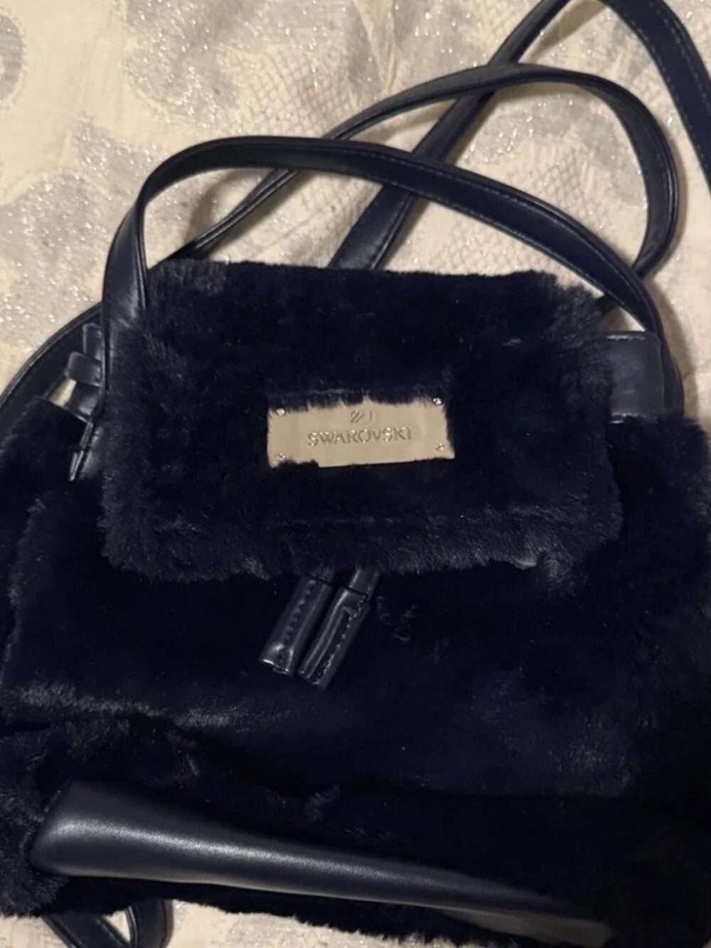 NWT Swarovski Vintage Midnight Blue Faux Fur Mini Backpack Purse - Picture 2 of 2